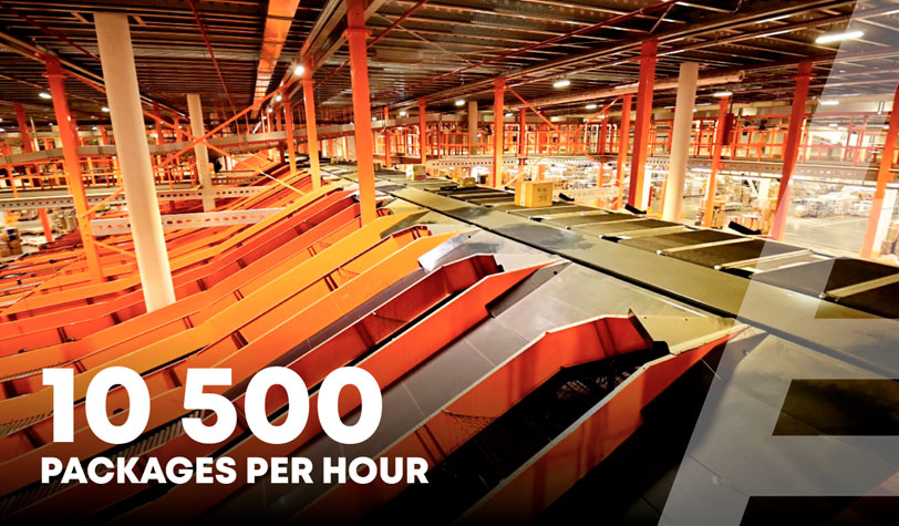 Sending 10500 parcels per hour with cross-belt sorter at a fullfilment warehouse